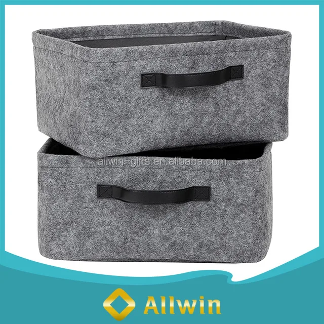 high quality grey small felt storage basket with leather handle