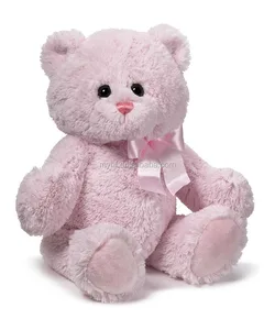 fluffy pink color teddy bear with ribbon and logo embroidery on