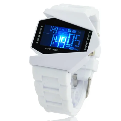 Hot Sale Luxury Fashion & Sports Unisex Digital Wrist Watch White Rubber Band 7 LCD Color Light Switch Airplane Shape