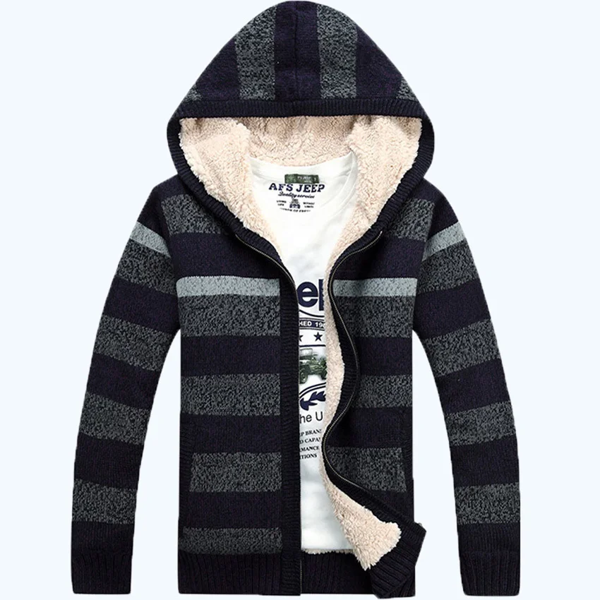 free shipping Mens Winter Cardigan Sweater Fur Wool Lining Zip Knitted coat Hooded Warm M-3XL Top Quality 140