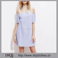 Newest design garment Factory wholesale stylish ladies Blue high neck Contrast Floral Lace Yoke cold Shoulder Striped Dress