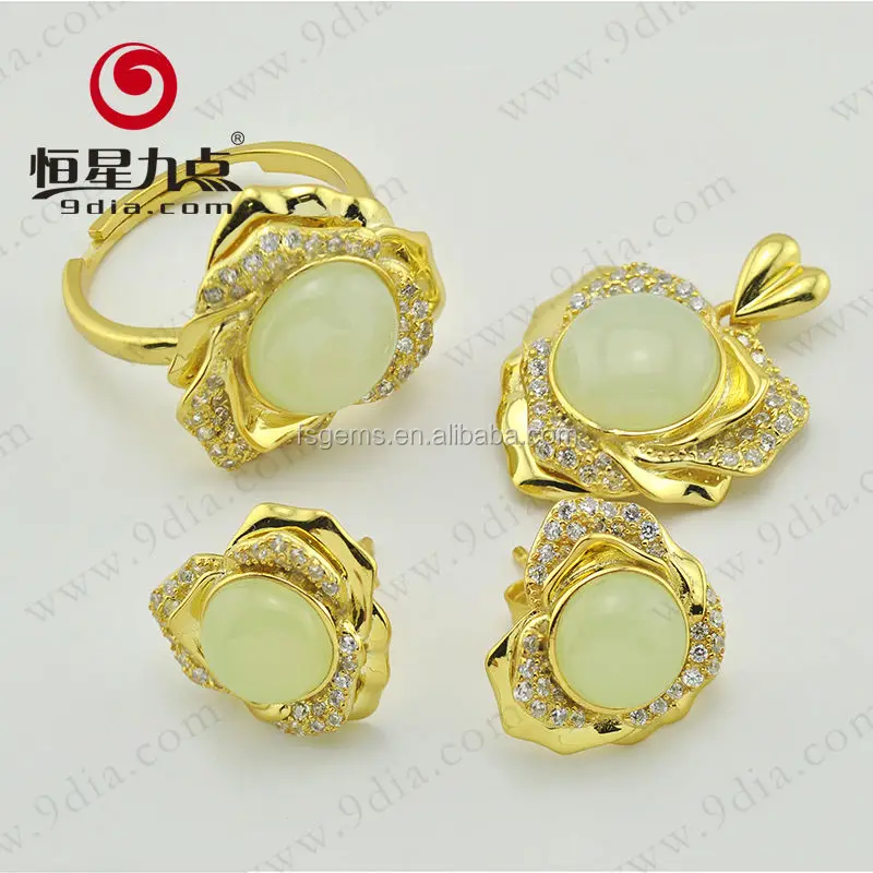 Silver Jewelry Factory Wholesale 925 Sterling Silver Green Agate Fashion Jewelry Set