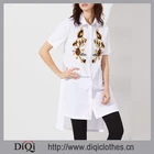 Latest design Summer guangzhou clothing factory OEM women White Side Slit High Low Embroidered Blouse