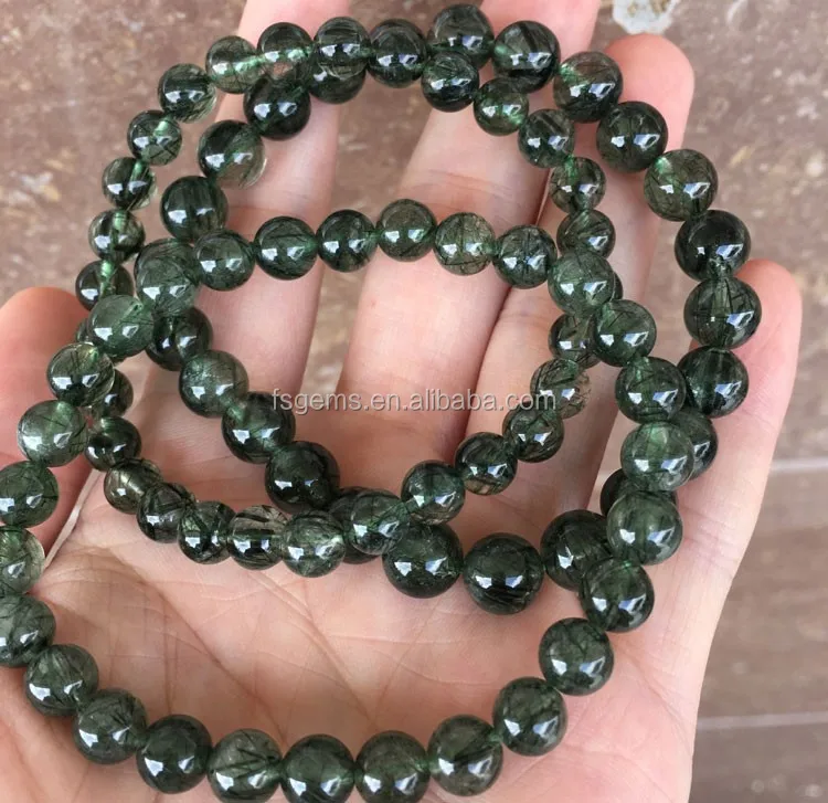 Natural Multicolor Round and Star Shaped Rutilated Quartz Bracelet Green Mineral Gemstones