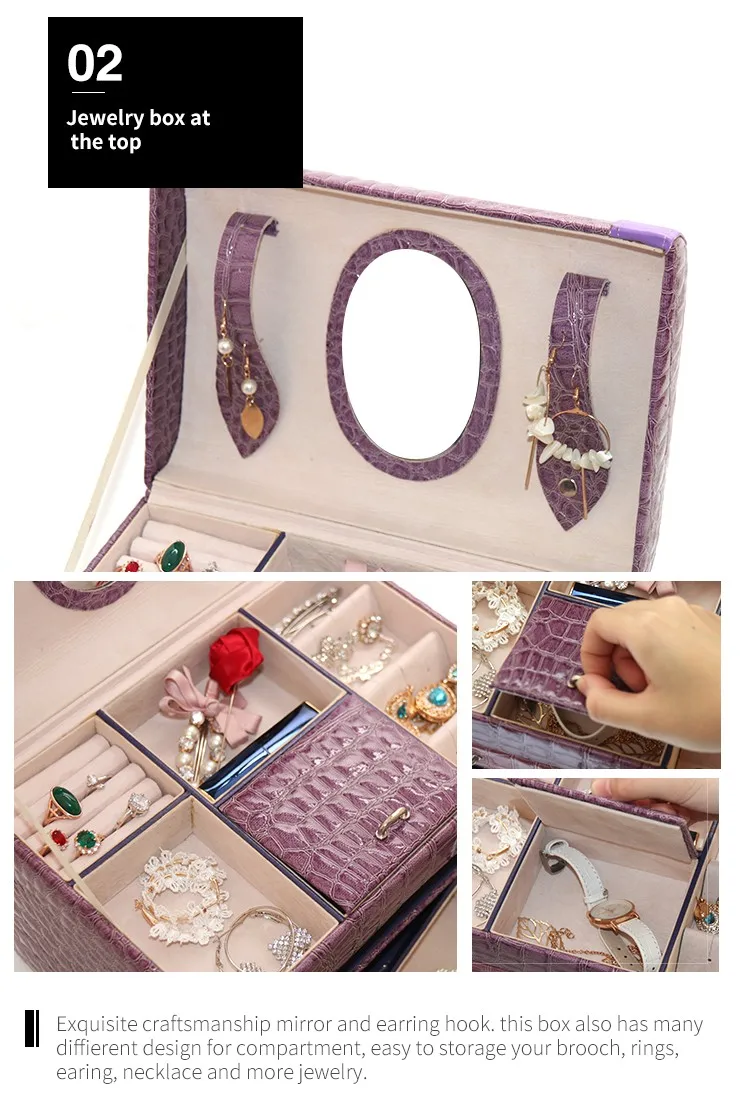 3 drawer glass mirror jewelry box luxury pu leather gift box for