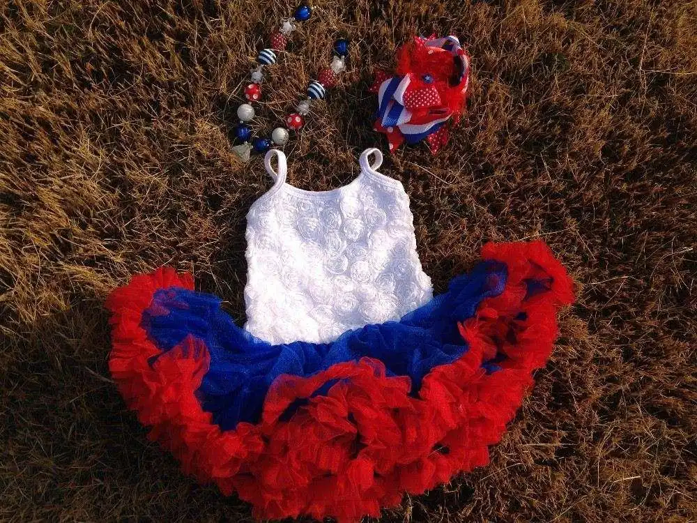 baby girls kids 4th of July patriotic rosette petti dress with matching necklace and hair bow set