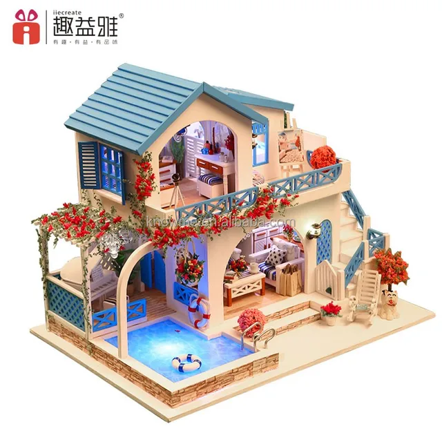 blue and white 3d diy craft wooden dollhouse puzzle miniature