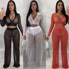Women Mesh Openwork Sexy Zipper Set Perspective Long Sleeve Trouser Two Piece Beach Crochet Swimwear
