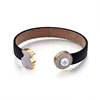 Wholesale Women Jewellery Bear Design Black Leather Diamond And Pearl Cuff Bracelet