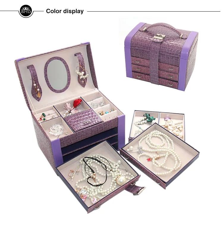 3 drawer glass mirror jewelry box luxury pu leather gift box for