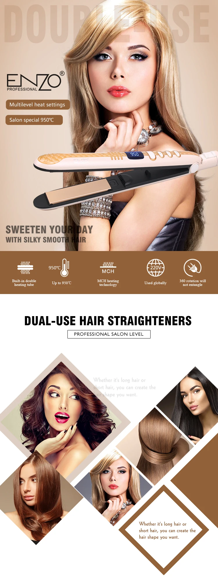 Enzo Professional Salon Quality Silky Straight Hair Ceramic Flat