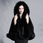 CX-B-P-66A Fluffy Genuine Fox Fur Trim Hooded Pashmina Cape 2018 New Wool Poncho Women Shawl