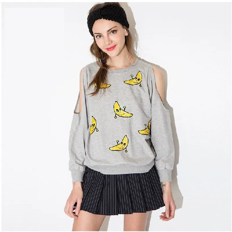 XS-XXL 2015 New Autumn -winter Sweatshirt Fashion Brand Sequin Catoon Banana Shoulder Hollow Casual Women Sweatshirt Gray