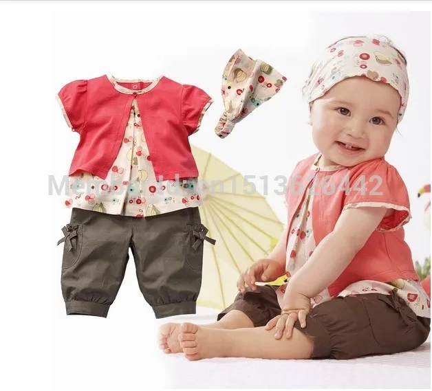 2014 New Hot Selling 100% Cotton Baby Girls Clothing Set 3pcs:headband+shirt+pant Princess Summer Clothes Three Pieces