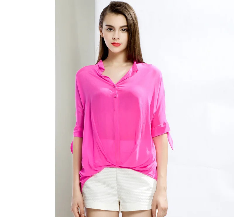 100% Silk Women Casual Plus Size Half Sleeve Blouses And Shirts 2015 Blusa Camisa feminina Spring Summer Style Free Shipping