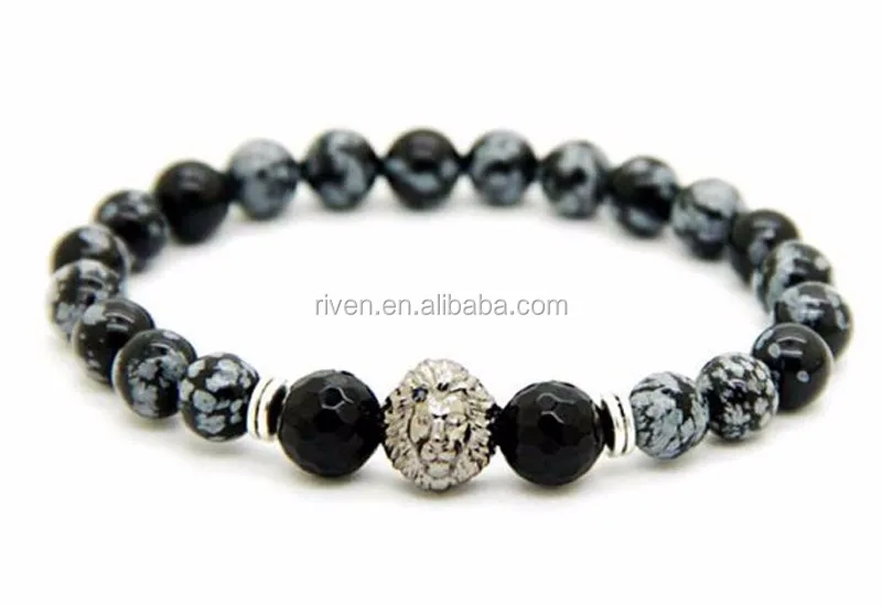 Obsidian Bracelet, Lion Bracelet, Mens Bracelet, Snowflake Obsidian Bracelet, Women's Bracelet, Onyx Gemstone Bracelet, Stone Bead Bracelet.jpg
