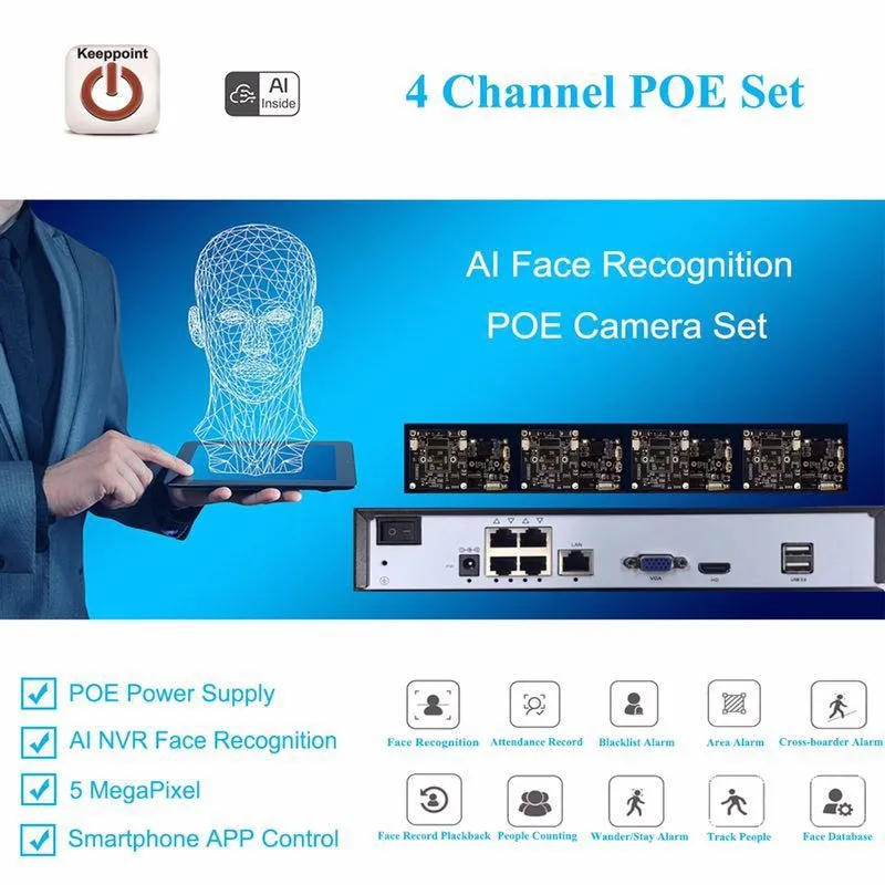 keeppoint cctv 4 channel poe set with ai face recognition,app