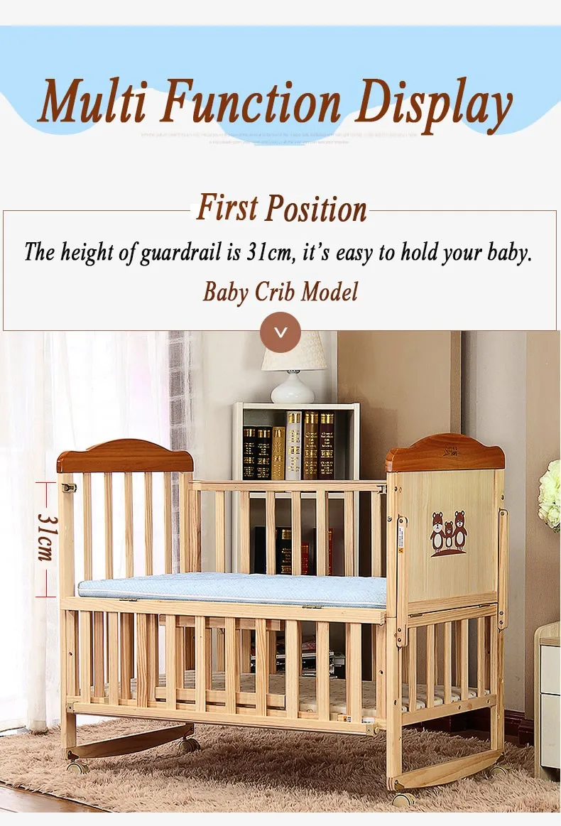 Adjustable Solid Pine Wood Material Baby Crib Bed Baby Crib