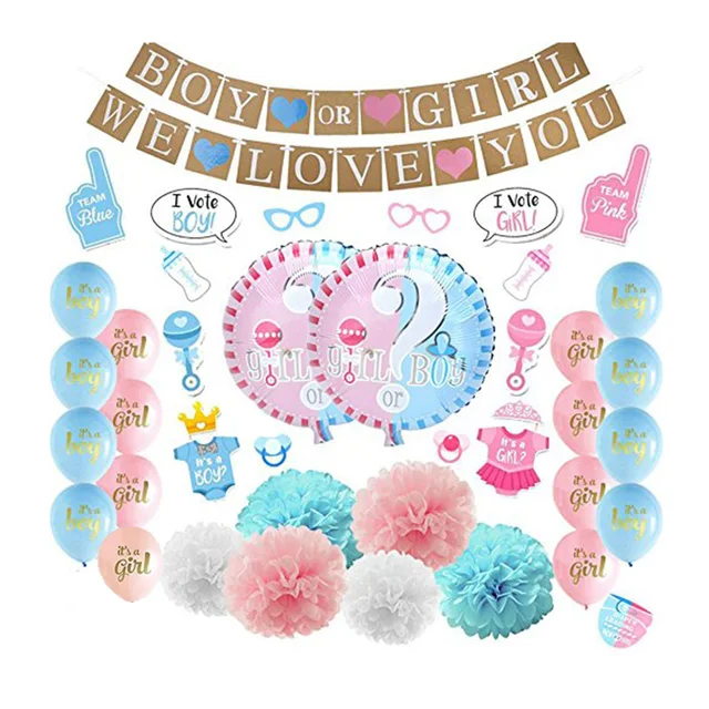boy or girl we love you banner pom pom balloon photo props party