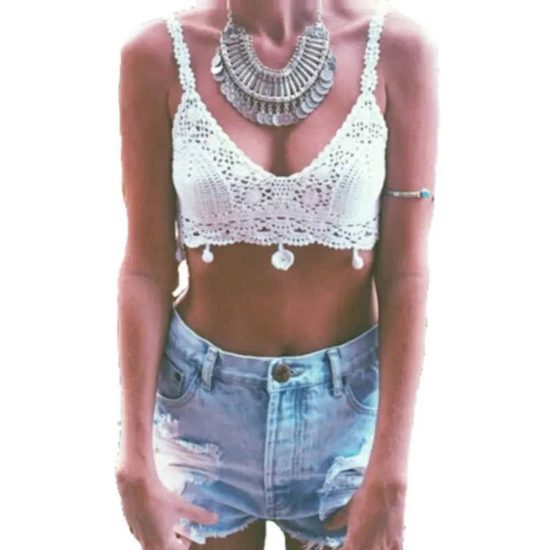 Women Crochet Knitted Sleeveless Hollow out Crop Top Tassel Camis Bralette Sexy Vest 2015 Summer Fashion