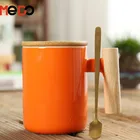 Hot sale gift packing ceramic coffee mugs with bamboo lid and spoon 301-400ml