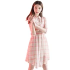 2019 spring new women's pink plaid print ladies chiffon dress