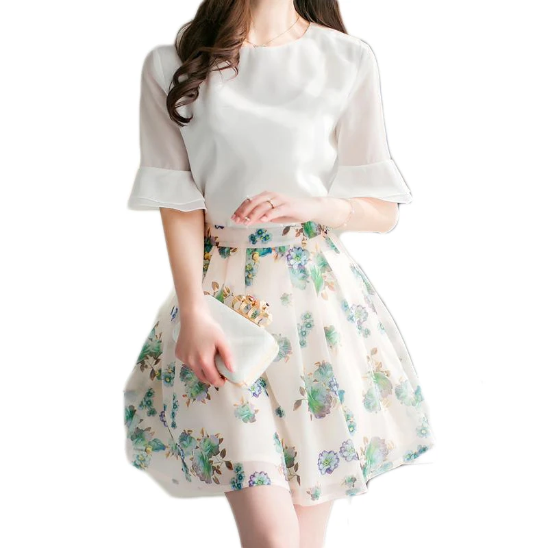 2 Pieces Women Set Print Dress O-Neck White Tops Mesh Dress Vestido De Spring Women Casual Dress Vestido Floral