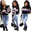 Classical o neck patchwork striped agaric sleeve woman knit sweater