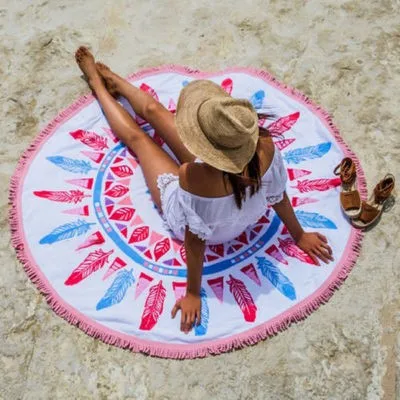 Round custom printing Beach Towel With Tassel White & Black Cotton Circle Beach Towels