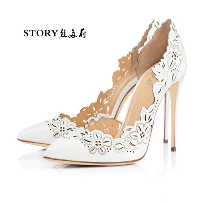 plus size fashion summer wedding bridal sexy women ladies hollow leather flower pointed toe shoes stiletto pump high heels