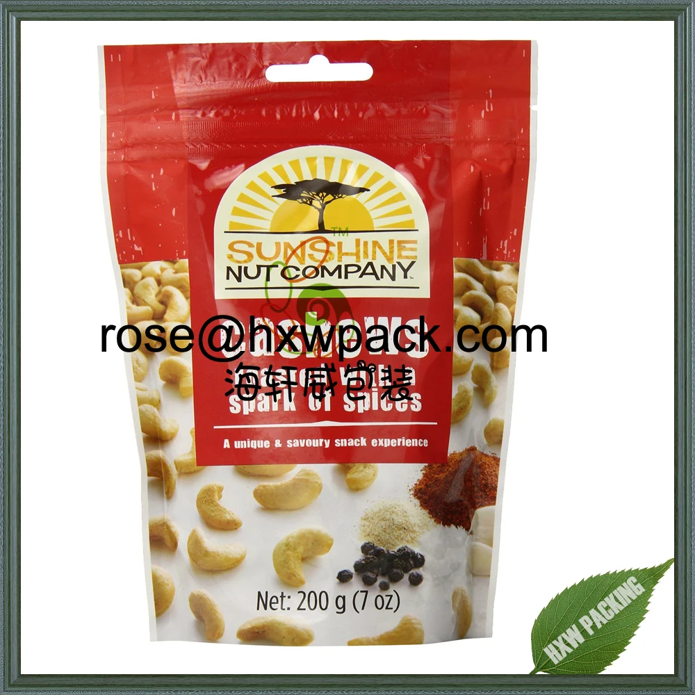 Mylar Plastic Food Sachet For Cashew Nut Packaging With Hang Hole And