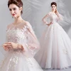 New Fashion Puffy balloon Long Sleeve Pearl Beaded Flower bridal dress White Floor Length Plus Size Wedding Gown