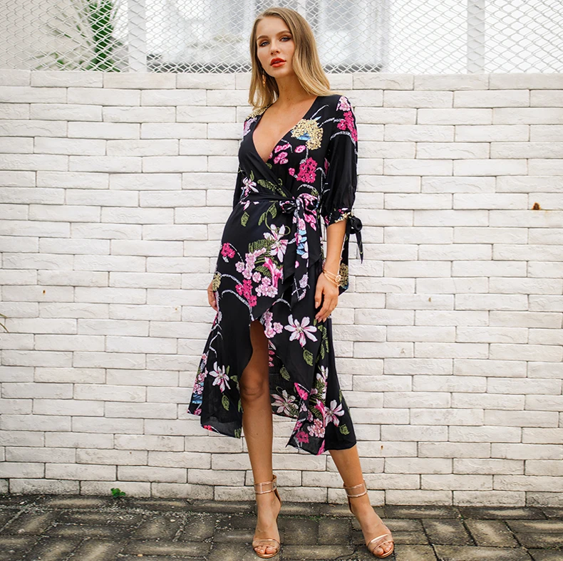 Spring strap cuff chiffon sexy floral print dress bohemian deep V neck wrap maxi floral dress