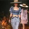 2019 Amazon popular vintage design ladies ruffles collar puffy sleeve denim tops flouncing crop tops vestidos casuales women