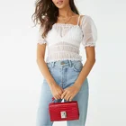 Hot Sale New Arrivals 2019 Summer Ladies Wear Blouse Women Lace Sheer Smocked Crop Top