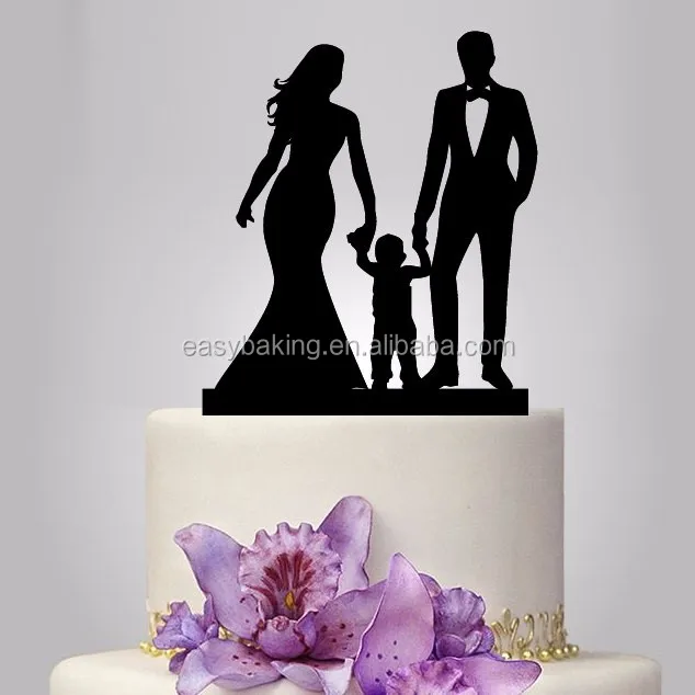 ECT-024 Silhouette de gâteau de mariage en acrylique, décoration de gâteau de mariage drôle, topper de mariée et de marié et petit garçon, topper de gâteau de mariage en famille heureuse.jpg