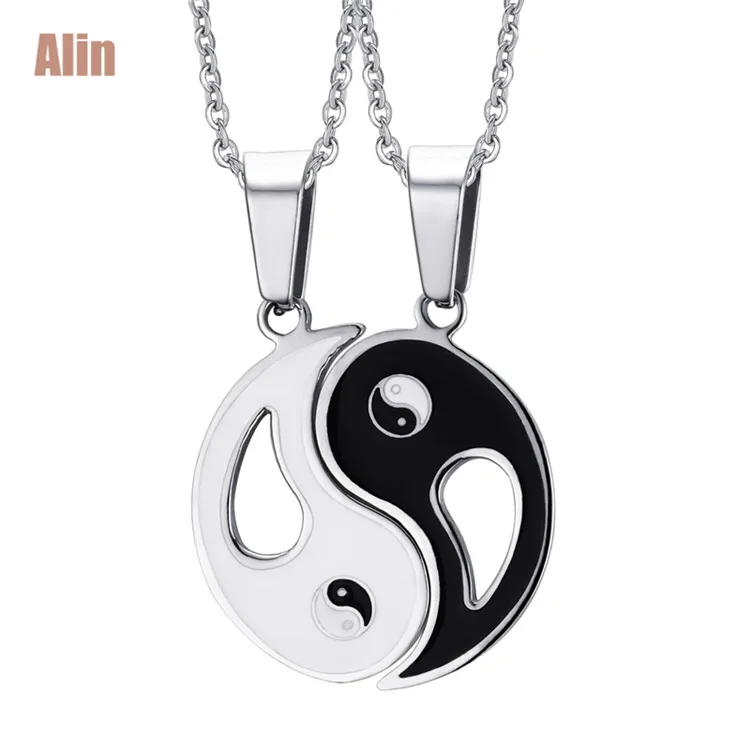 Nuevo diseño negro y plata yin yang colgante de alto pulido collar de acero inoxidable