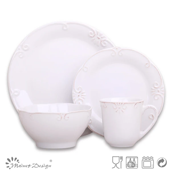 french countryside white 16pcs antique emboss ceramic stoneware
