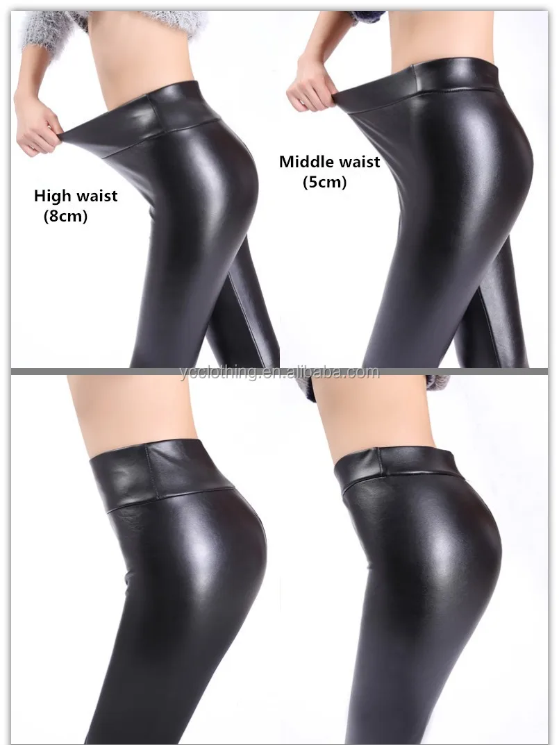 Plus size faux leather fleece lined winter leggings black pu coated pants for women