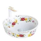 Sanitary Round Shape Elegant Flower Pattern Design Wash Basin Art Ceramic Bathroom Sink