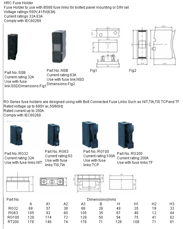 Hrc Fuse Base Cutout Holder 32a 63a And 550v 415v Use With Fuse Links