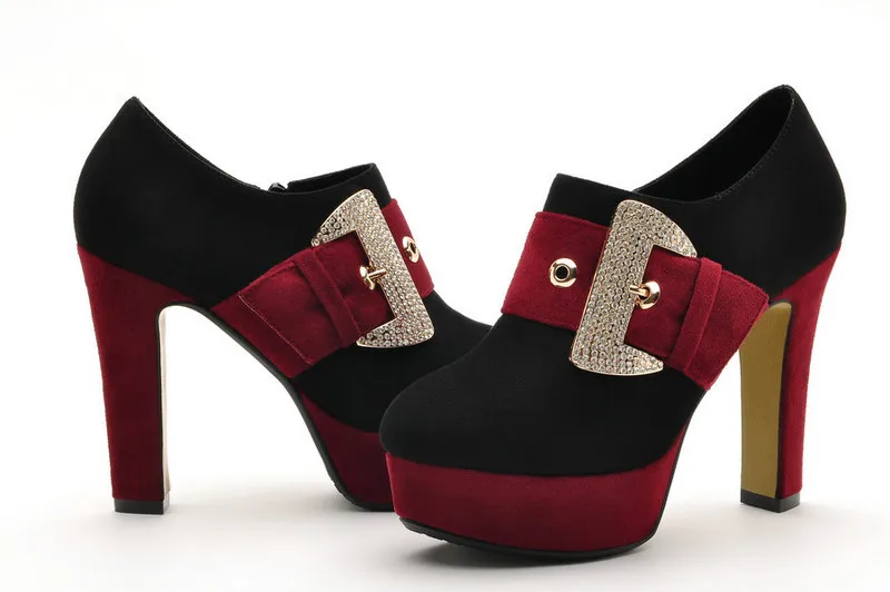 2015 Autumn Sexy Rhinestone Buckle Platform Pumps For Women Fashion Brand patchwork 11.5cm High Heels Ladies Leather Shoes Woman