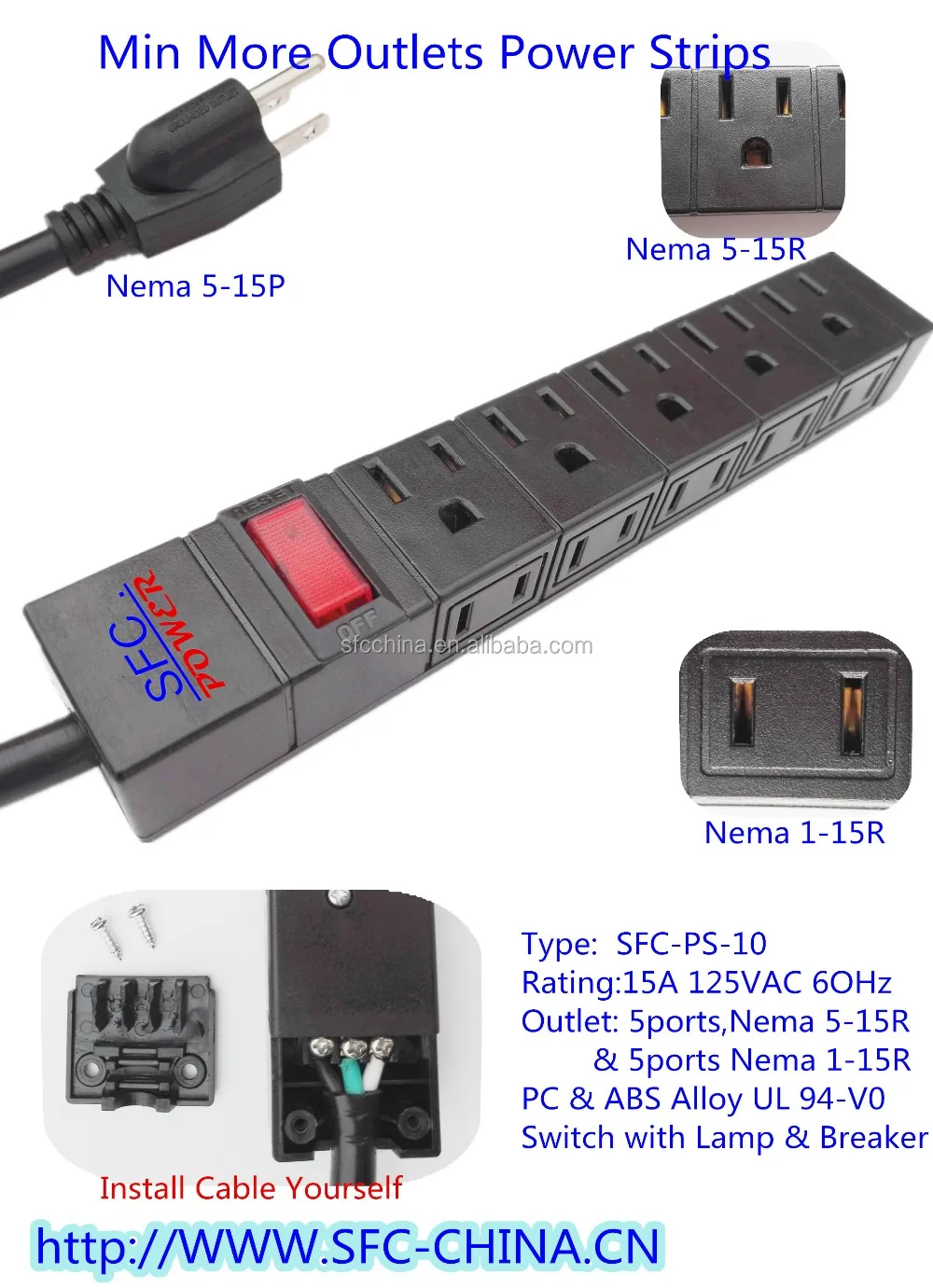 USA Nema 5-15R and Nema 1-15R min 10outlets power strips