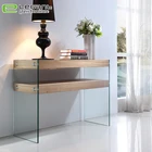 Tempered clear wall glass console table of Built-in wood Shelf
