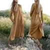 Ladies Simple Fashion Dress Linen Women's Long Sleeve Maxi Dress in Yellow color