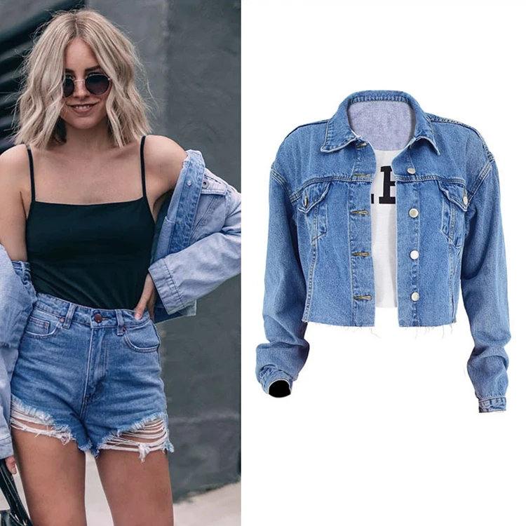 High Quality Women's Cropped Denim Jeans Jacket With Long Sleeve