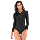 One Piece Solid Color Black Color Long Sleeve Front Zipper Swimsuit For Women
