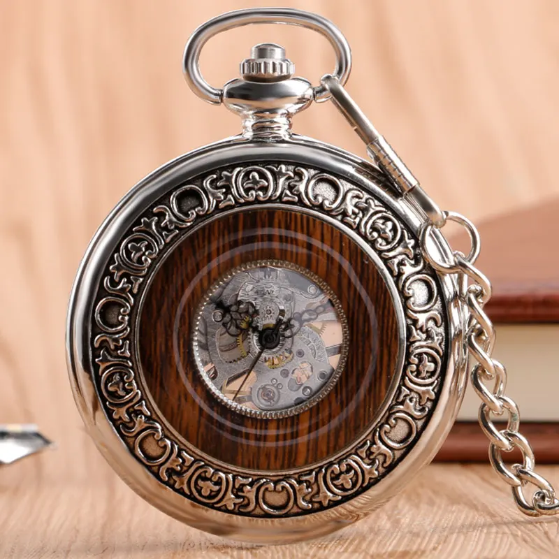 High Quality Special Design Copper Hand-winding Stylish Steampunk Mechanical Pocket Watch Men Carving Wood Circle Fashion Chain  2017 2018 Gifts (19)