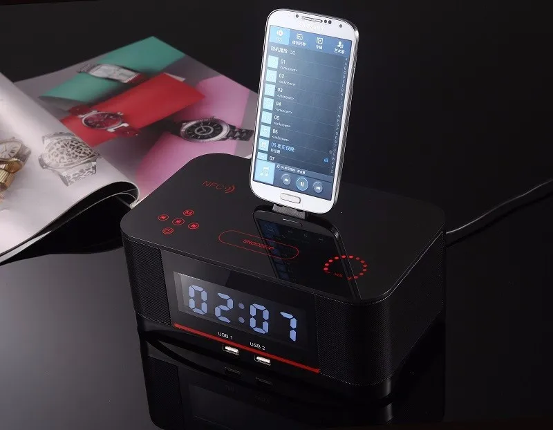 Hot A8 Touch Radio Alarm Clock Bluetooth Speaker with docking System,Portable Dock Station Stereo A8 FM AUX NFC Dual USB speaker - ANKUX.COM