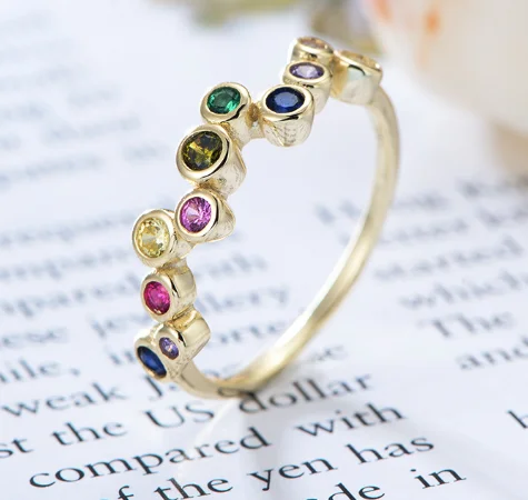 New Product Fashionable rainbow Zirconia Ring Colorful 925 White Gold Plating CZ Lady Ring Women